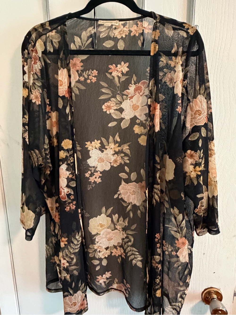Warehouse Black Sheer Floral Kimono Robe with Peach and Cream Blooms